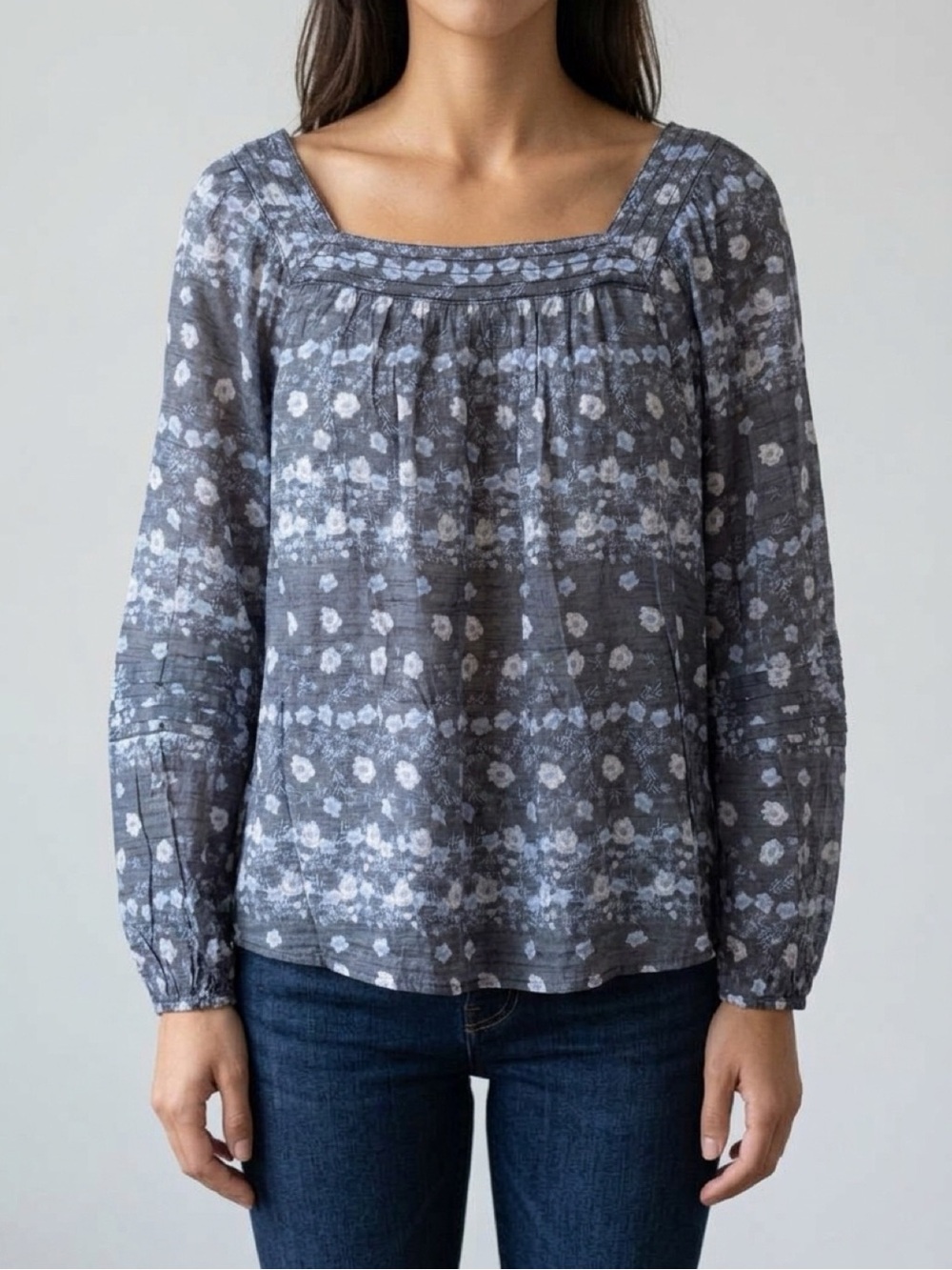 Blue Floral Square-Neck Peasant Blouse
